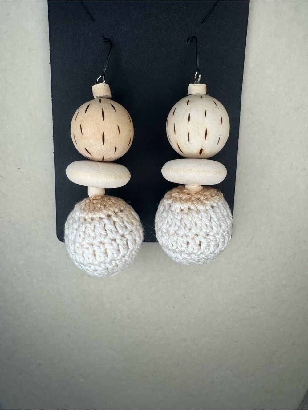 NWOT Premier Designs Cream Crochet & Wood Bead Drop Earrings
